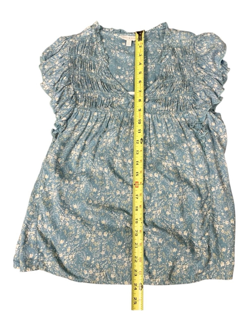 Lucky Brand Teal Boho Floral Smocked V-Neck Top‎ Peasant Blouse Coquette Large - Picture 10 of 11